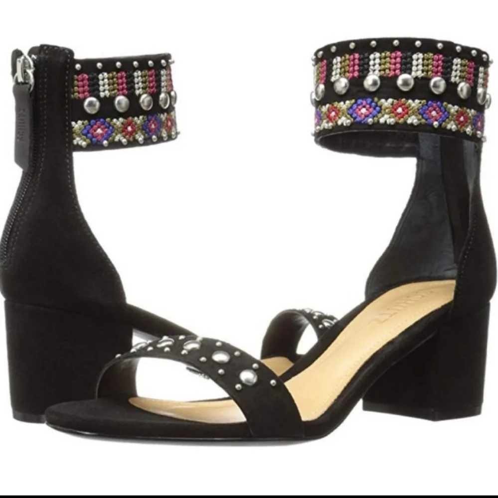 SCHULTZ Studded Embroidered Ankle Strap Chunky Low Heel Sandals